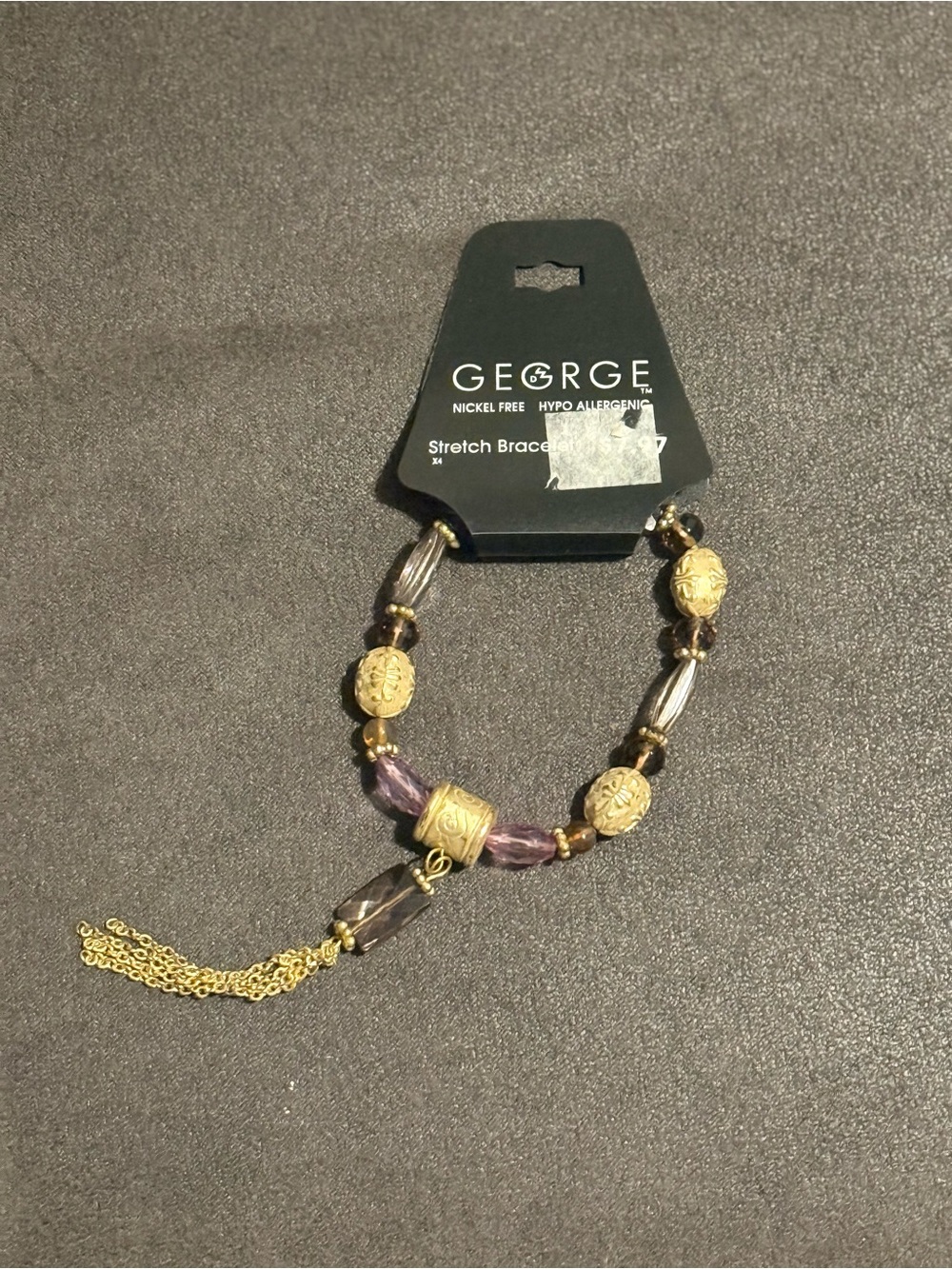 George Gold and Purple Beaded Stretch Bracelet with Tassel Charm